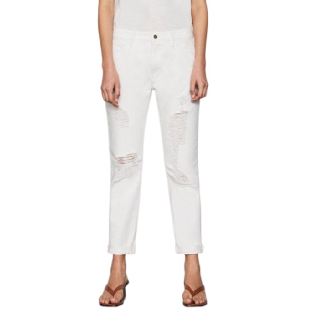 Frame White Ankle Jeans Distressed Denim Straight Leg Le Garçon Women’s Size 24